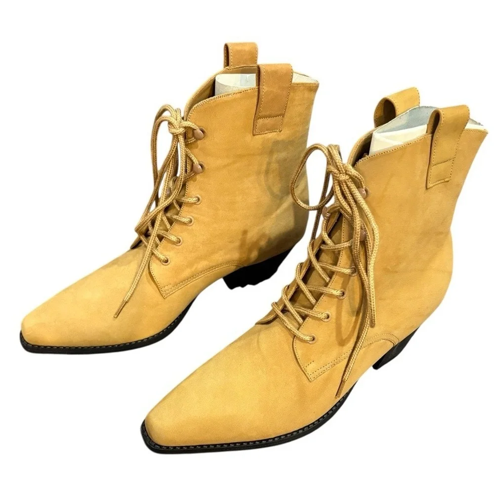 Vintage Dolcis Tan Leather Lace Up Ankle Boots NOS 10M Ogden Box 90s - Picture 2 of 12